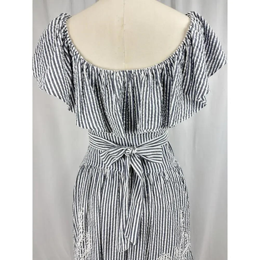 Tory Burch Eyelet Embroidered Seersucker Stripe Ruffles Midi Dress 0 $548